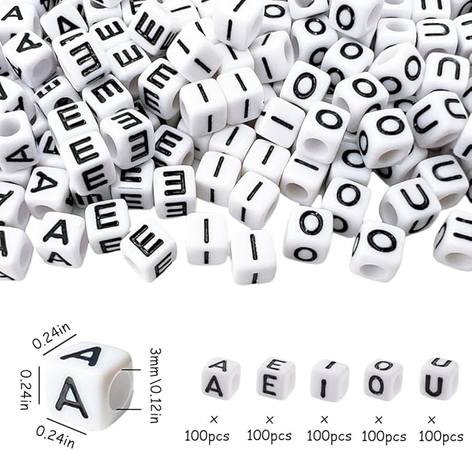 MIIIM 500pcs Vowel Pony Beads Letters for Keychains Making (A, E, I, O, U), 6x6mm Large Hole Vowel Square Letter Beads for Bracelets Making, Alphabets, Numbers (White and Black)