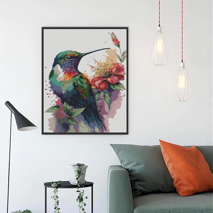 Hummingbird Stamped Cross Stitch Kits，Needlepoint Cross-Stitch Patterns Dimensions Needlecrafts Embroidery Kits，DIY Art Bird Home Wall Decor Perfect for Relaxation 15.7x11.8 Inches