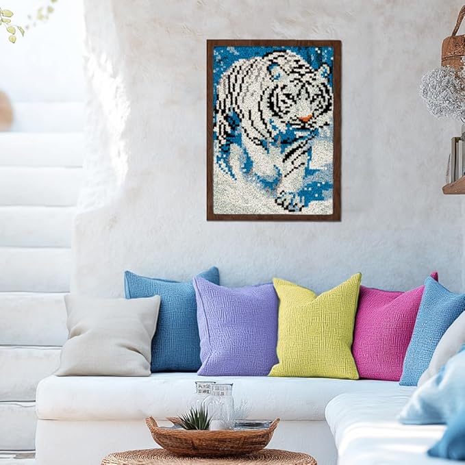ORIGACH White Tiger Latch Hook Rug Kits, Color Stamped Grid Cloth Handmade Rug, Pattern Printed Carpet Kit, DIY Crochet Rug for Adults Home Decoration Festival Gifts 52 x 38 cm