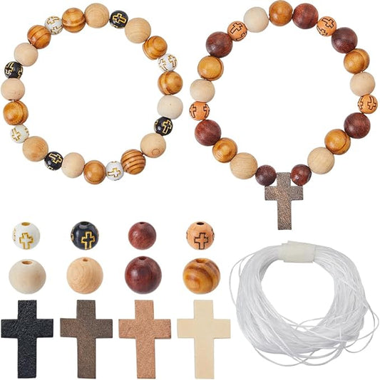 SUNNYCLUE 1 Box 280Pcs Wood Cross Charms Wooden Cross Beads Easter Rosaries Crucifix Bead Small Crosses Mini Cross Charm Round Spacer Loose Beads for Jewelry Making Kits DIY Earrings Bracelet Necklace