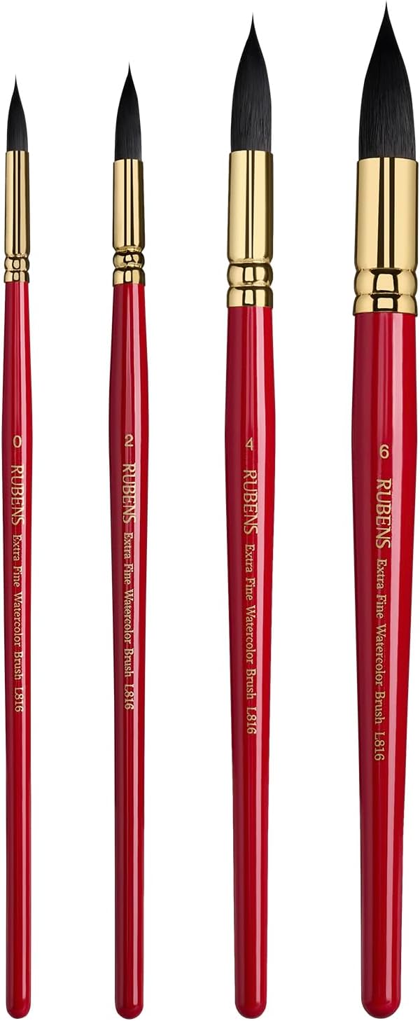 Paul Rubens Watercolor Brushes Set, Synthetic Squirrel Hair Paint Brushes kit for Artists, Adults and Hobbists, Pointed Round Brushes for Watercolor, Gouache,4 Pcs （#0#2#4#6）