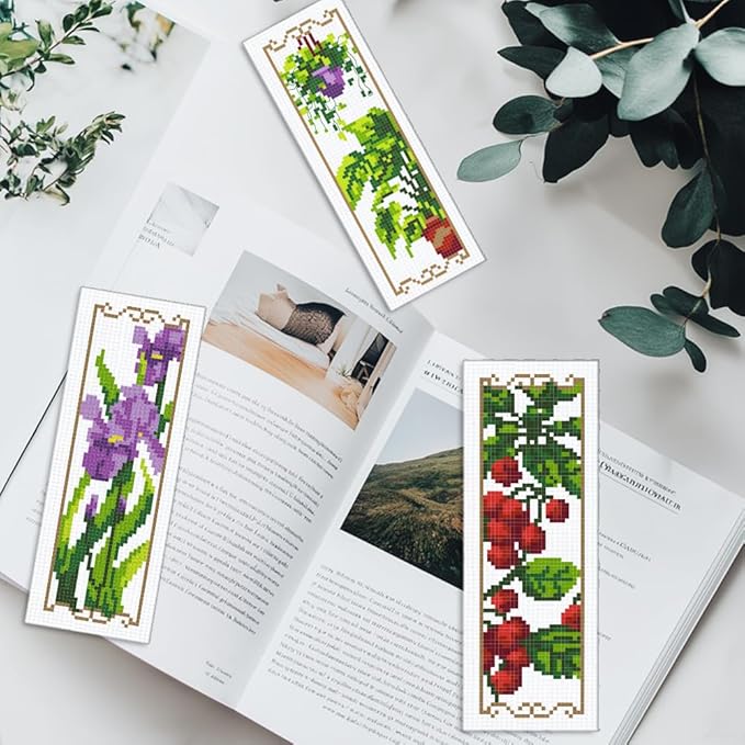 INFUNLY 6 Set Tulips Cross Stitch Bookmark Kit Sunflower DIY Cross Stitch Kits 8.5x2.9 Pre-Printed Plant Stamped Embroidery Bookmark Kit with Instruction for Beginners Adults Book Lovers