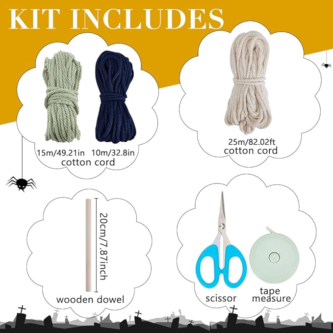 WEBEEDY 1 Set DIY Halloween Macrame Kit Skeleton Wall Hanging Kit Handmade Macrame Kit for Beginners with Step-by-Step Video Tutorials Halloween Skeleton Wall Hanging Ornaments for Home Room