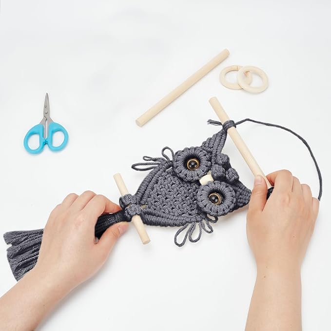 ORIGACH DIY Macrame Owl Wall Hanging Tapestry Kit Grey Cotton Handmade Macrame Owl Kit with Video Tutorials Boho Macrame Wall Hanging Decor Woven Ornament Gift for Bedroom Living Room