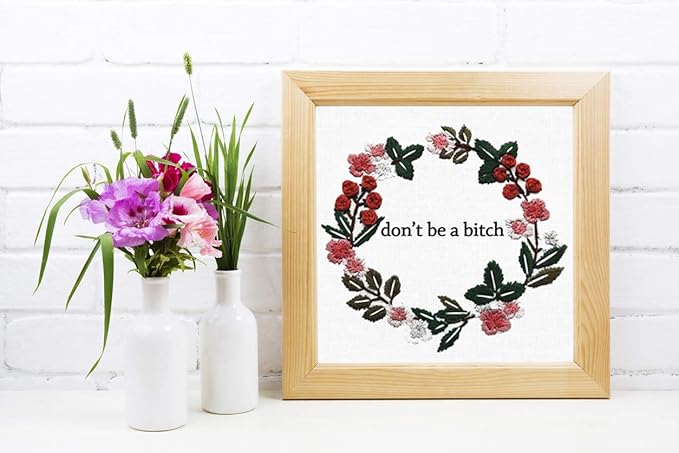 Louise Maelys Cross Stitch Kit Full Range DIY Floral Wreath with Funny Sayimg Embroidery Kit for Beginner