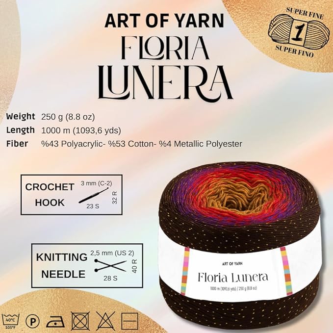 Floria Lunera Cotton Yarn 55% Cotton 45% Acrylic 250g 1093 Yards Multicolor Rainbow Crochet Yarn Handknit Cake Soft Variegated Yarn for Spring Summer Projects Blankets Scarves-93265