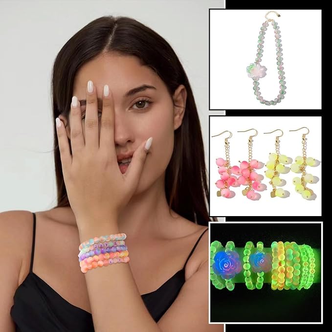 Glow in The Dark Glass Beads for Bracelet Making, 850pcs 6mm 26 Color Crystal Gem Beads Round with Luminous Numbers&Letters Craft Beads for Bracelets Necklaces Earring Making Kit Party Decor