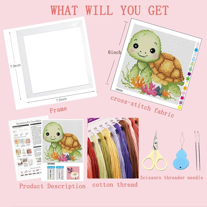 VIGEGU Turtle Cross Stitch Kits for Beginners,Stamped Cross Stitch for Adults with Framed,Crafts for Girls 8-12 Embroidery Kit Partial 11CT Cross-Stitch Arts and Crafts for Adults 6.7x6.7inch