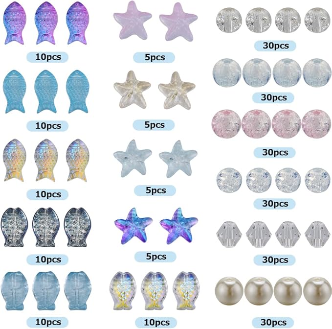 SUNNYCLUE 1 Box 250Pcs Bohemian Style Summer Ocean Glass Beads Bulk Blue Fish Double Sided Purple Starfish Bicone Beads 6mm 8mm Imitation Pearls Crackle Spacers for Jewelry Making Kits