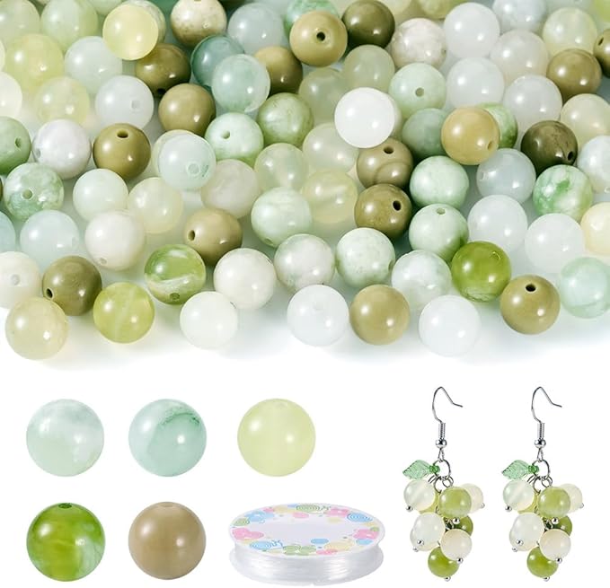 FASHEWELRY Stone Bracelet Making Kit 100pcs 8mm Mixed Gemtone Round Beads Green Crystal Loose Beads with Elastic String for DIY Necklace Earrings Jewelry Making