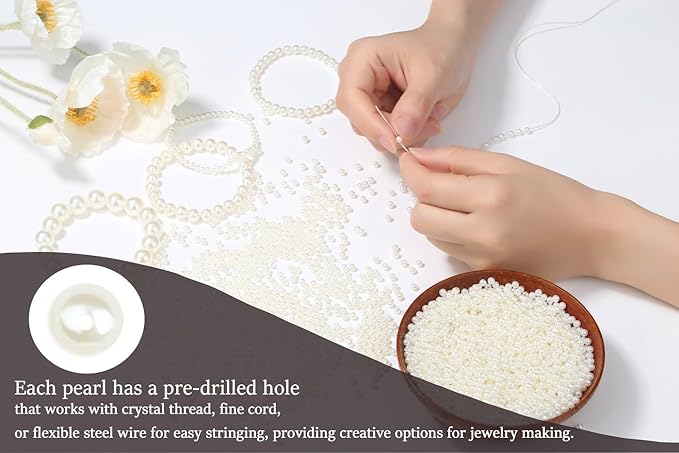 2500Pcs 4mm Small Pearl Beads for Jewelry Making, Tiny Charm Loose White Pearl Beads for Bracelets, Mini Acrylic Fake Round Pearls with Hole for Necklace, Earring, Vase Fille, DIY Craft