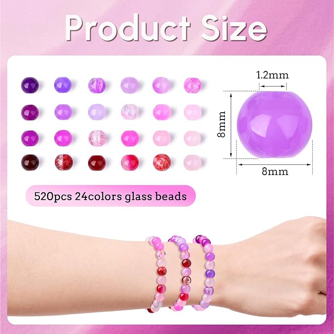 DUQGUHO 8mm Pink Purple and Red Beads for Bracelets Glass Beads for Jewelry Making 24 Colors Round Beads Bulk 520PCS