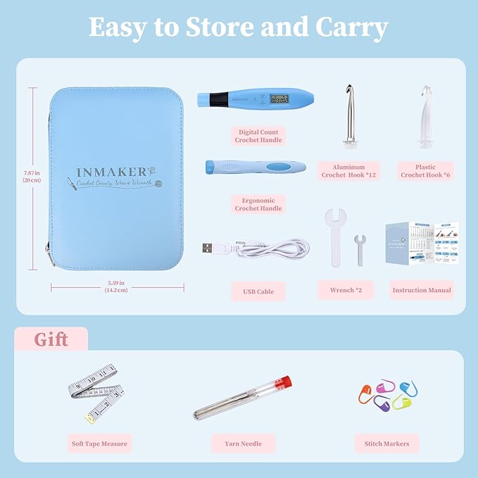 inmaker light up crochet hooks ergonomic soft grip, large counting crochet hook set digital, lighted crochet needles kit with case