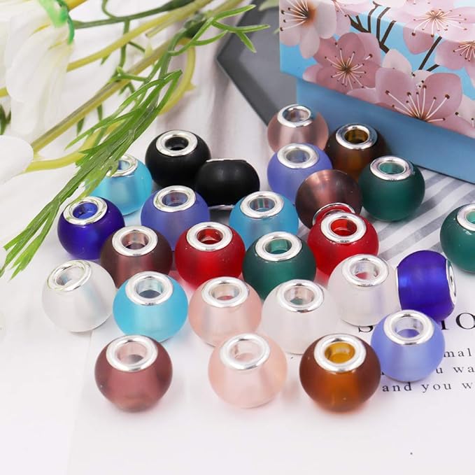 AIPRIDY 100Pcs 15x11mm Painting Murano Large Hole Glass Beads Mix Color with Silver Brass Cores European Charm fit Bracelet Necklace (Dull Polish Effect)