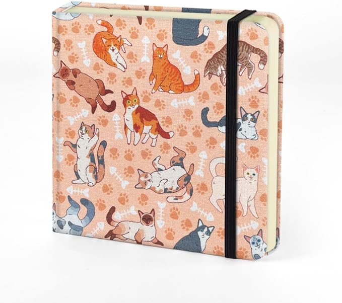 Mifuner 4.8x4.8in 80gsm Mini Notebooks Art Blank Pages Sketchbooks Travel Journal Pocket Hardcover Paint Writing Notebook Blank Diary Memo Planner Sketchbook Fabric Cover.Fishbone Cat