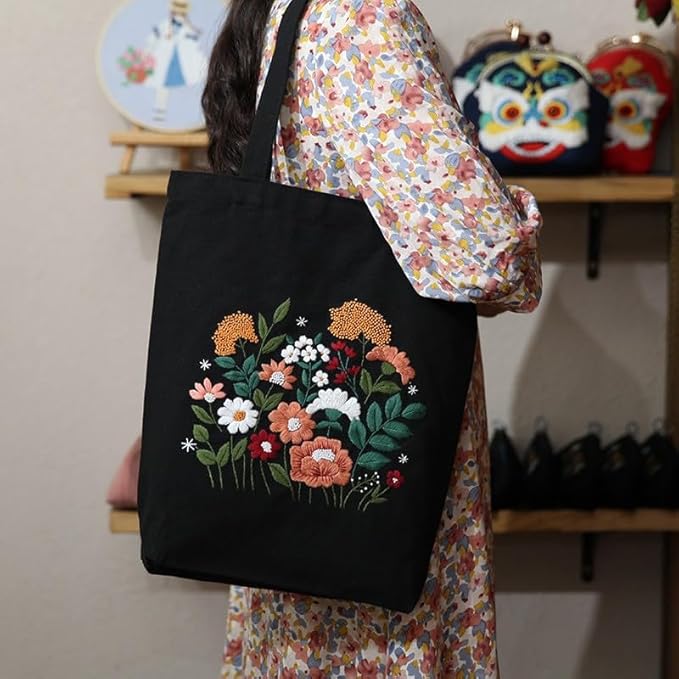 Canvas Tote Bag Embroidery Kit with Pattern for Beginners, Arts and DIY Embroidery Crafts Kits for Adults, Instructions, thimble, Embroidery Hoops, Color Threads (black, CR002 huaguangpianran)