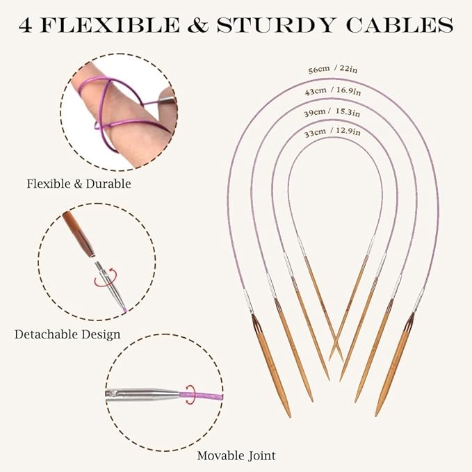 Yarniss Bamboo Circular Knitting Needle with Case,13 Pair Interchangeable Knitting Needles with Flexible Cables 3.5mm~10.0mm, 4-Inch Round Knitting Needle US Size 2.5~15