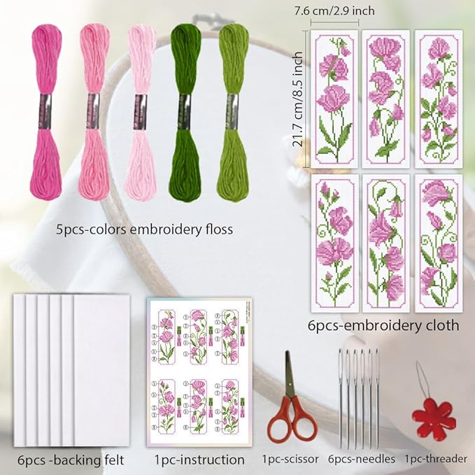 ORIGACH 6 Set Pea Flower Cross Stitch Bookmark Kit for Beginner with Backing Felt Floss Instructions DIY Stamped Embroidery Bookmark Kit for Adults, Book Lovers