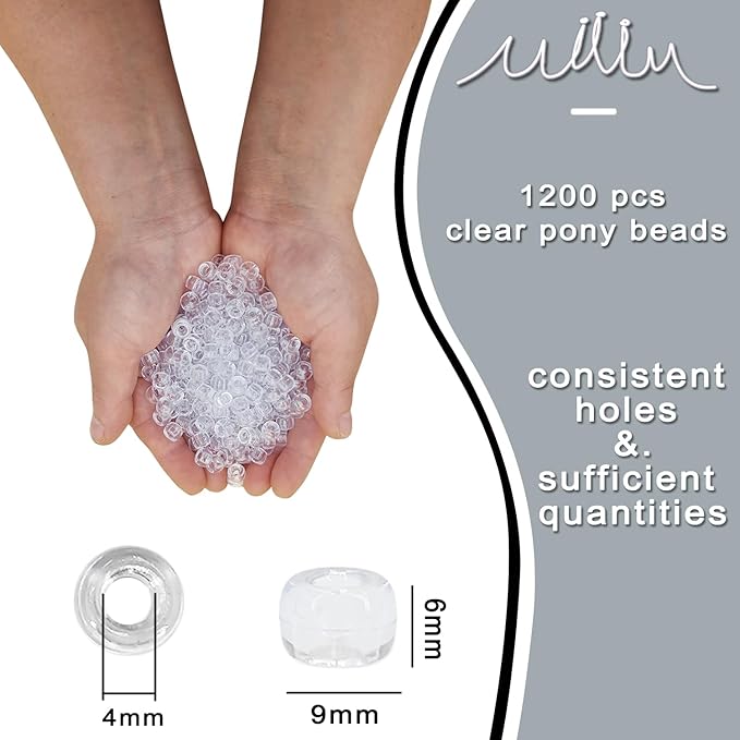 MIIIM 1200PCS 6x9mm Clear Pony Beads Bulk, Kandi Beads for Bracelets Making Kit, Hair Braids Craft for Jewelry Making (Clear)
