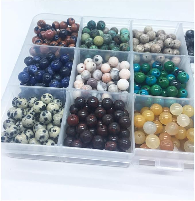 Yephac 750pcs 6mm Natural & Synthetic Round Stone Beads - 1mm Hole Size, DIY Smooth Beading for Bracelet, Necklace, Earrings - Jewelry Making, Box Packed (15material-6mm)