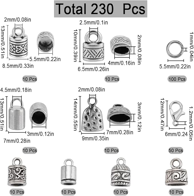 SUNNYCLUE 1 Box 230Pcs Cord End Caps Tibetan Antique Silver Leather Kumihimo Bracelets Supplies Glue in Crimp Tube Barrel End Tip Lobster Clasps Jump Rings Cord Terminator for Jewelry Making Kit