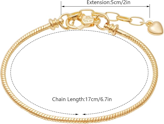 5pcs Chain Bracelets Kit Silver Plated Snake Chain with Heart Lobster European Charm Bracelet for Christmas DIY Women Jewelry Findings Bracelet Making (gold)