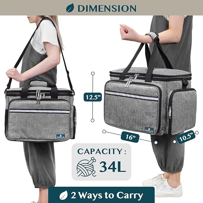PAVILIA Knitting Bag Yarn Storage Tote, Large Crochet Organizer Bag, Yarn Storage Holder for Crocheting Knitter, Knitting Project Bag, Crochet Accessories Set, Gifts For Crochet Lovers, Heather Grey