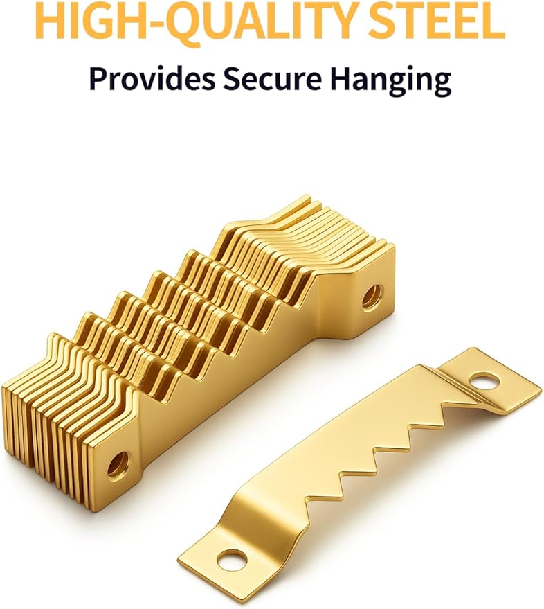 60 Pack Sawtooth Picture Hangers – Small & Heavy-Duty Wall Hanging Kit, 2 Sizes for Photo Frames, Art, Paintings, Canvas Hooks, and Picture Hanging Hardware Gold