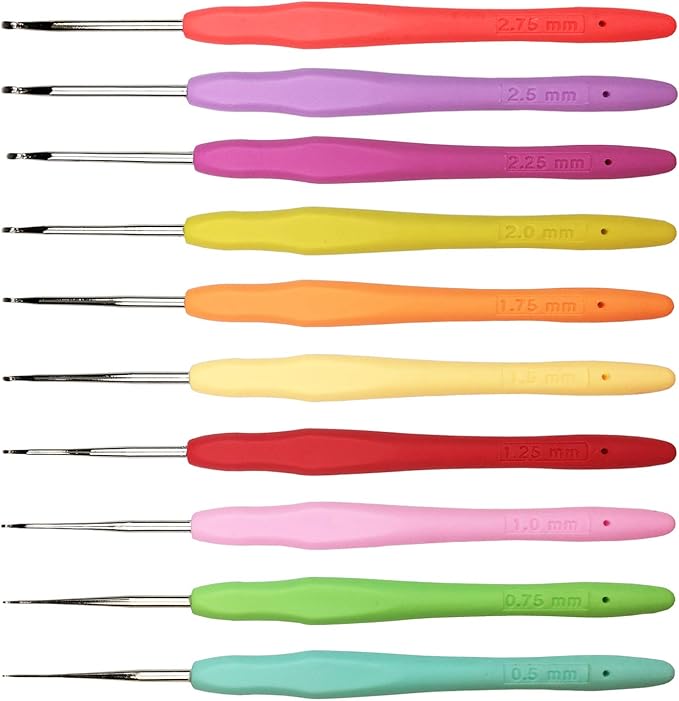 Set of 10 Small Size Crochet Hook Set, Ergonomic Handle Crochet Hook Needles for Arthritic Hands, Thread Crochet Steel Lace Hooks Size 0.5mm to 2.75mm
