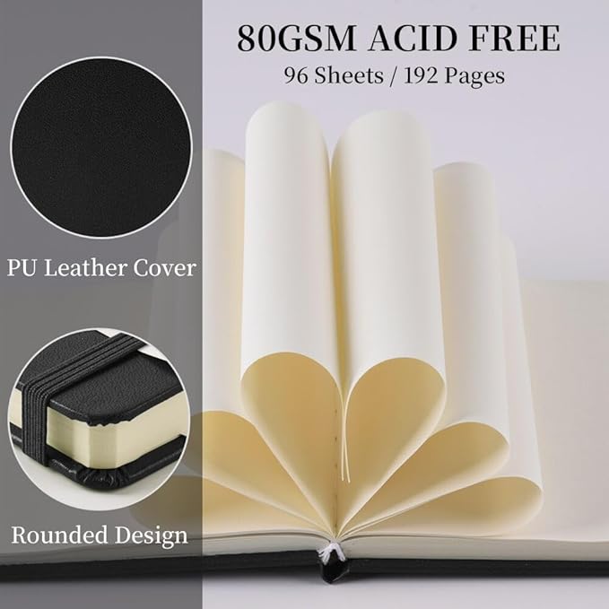 Square 5x5 inches 80gsm 96sheets/192 Pages Notebooks Blank Sketchbooks Travel Journal Pocket Hardcover Paint Writing Diary Memo Planner PU Leather Cover. Black