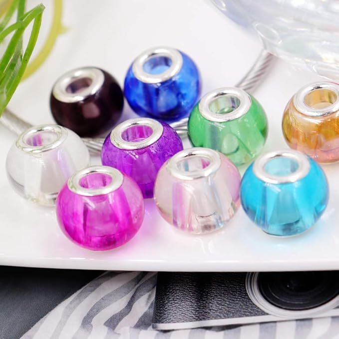 AIPRIDY 100Pcs 15x11mm Painting Murano Large Hole Glass Beads Mix Color with Silver Brass Cores European Charm fit Bracelet Necklace (10 Color Lampwork Beads)