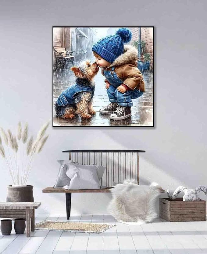 boy stamped cross stitch kits for adults beginner,dog counted cross stitch kits printed stitching cute patterns dimensions needlepoint art crafts embroidery kits for adults beginners (13.7x13.7 inch)