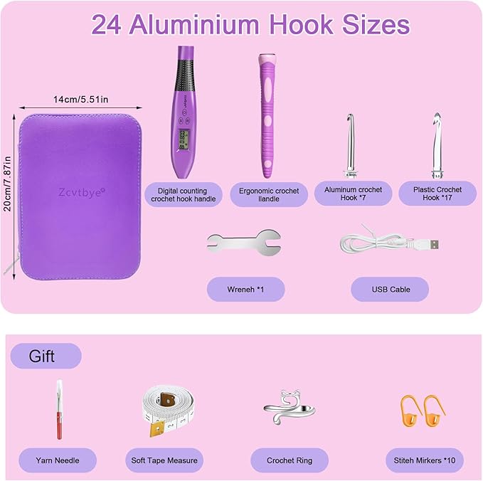Counting Crochet Hook Set, Light Up Crochet Hooks with Ergonomic Handle, 24 Size Interchangeable Crochet Hooks Kit with Digital Counter, Crochet Hooks for Arthritic Hands, Gift for Beginners