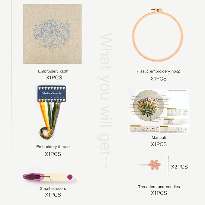 MAMUNU Embroidery Kit for Beginners Adults, Cross Stitch Kits, Stamped Cross Stitch Kits, Floral Flower Embroidery Kit with Printed Embroidery Cloth, Embroidery Hoop, Color Threads and Tools