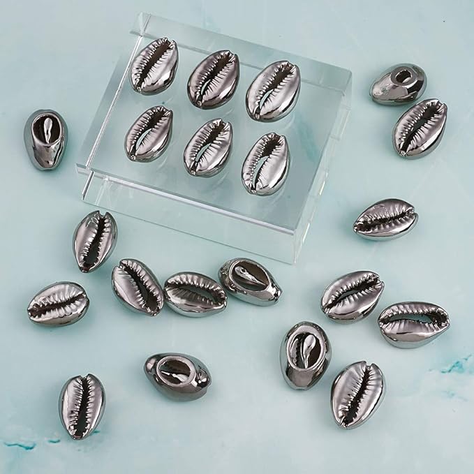 Cheriswelry 50pcs Electroplated Shell Beads Gunmetal Cowrie Shells Spiral Sea Shell Summer Beach Loose Spacer Beads for Bracelet Craft Jewelry Making Fish Tanks Home Decoration 15~20mm