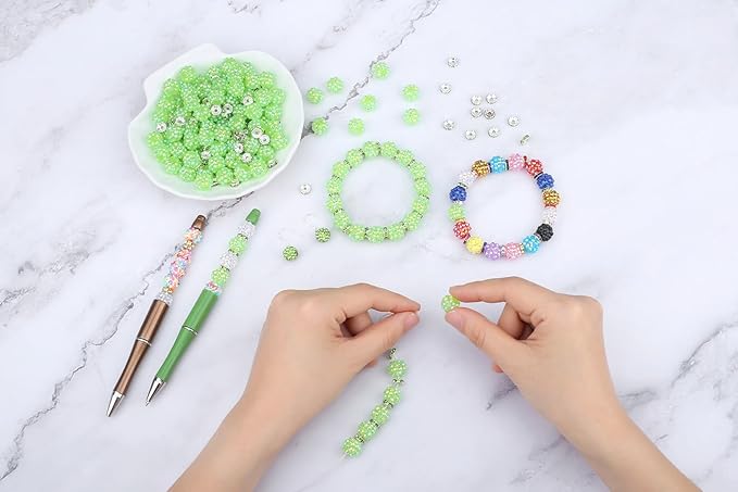 LAIDANLA 250pcs 12mm Green Rhinestone Beads and 8mm Rondelle Spacer Beads for Beadable Pens, Sparkly Shamballa Disco Ball Bead for Jewelry Making Bracelets Necklace Earring DIY Craft