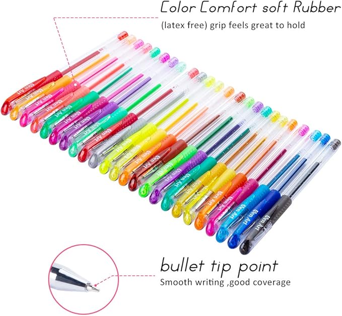 Aen Art Glitter Gel Pens Colored Fine Tip Markers with 40% More Ink for Adult Coloring Books, Drawing and Doodling (24 Colors)