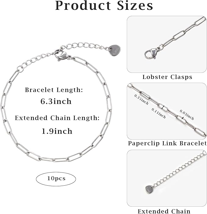KYUNHOO 10pcs Silver Chain Bracelets Kit Stainless Steel Jewelry Link with Lobster Clasps 6.3 inches Paperclip Chain with Extender for Women Men DIY Bracelet Making Supply Findings