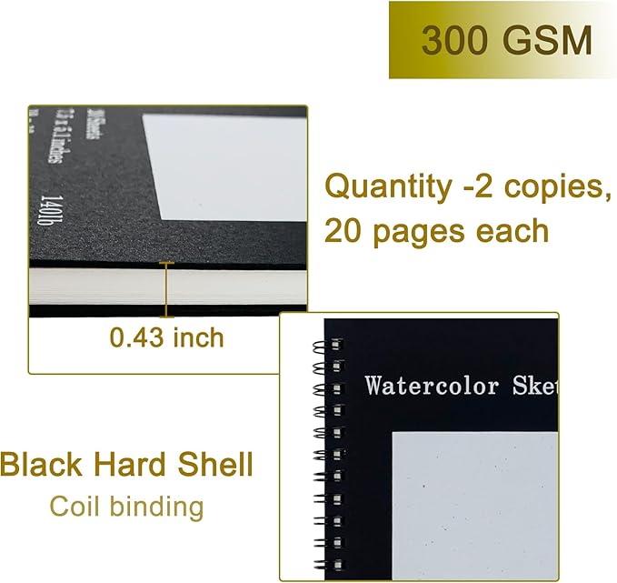 Set of 2, Each with 20 Sheets, 7.5 x 5.1 Inches, 140 lb Cold Press Watercolor Paper, 1150 GSM Black Hard Cover, Spiral Bound, White Pages for Drawing and Painting