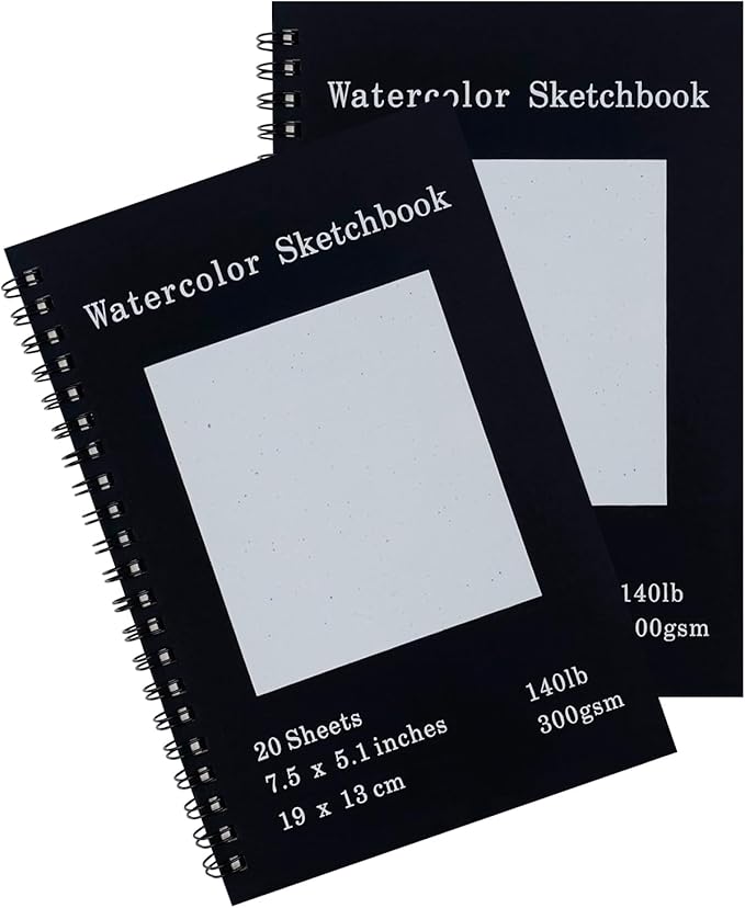 Set of 2, Each with 20 Sheets, 7.5 x 5.1 Inches, 140 lb Cold Press Watercolor Paper, 1150 GSM Black Hard Cover, Spiral Bound, White Pages for Drawing and Painting