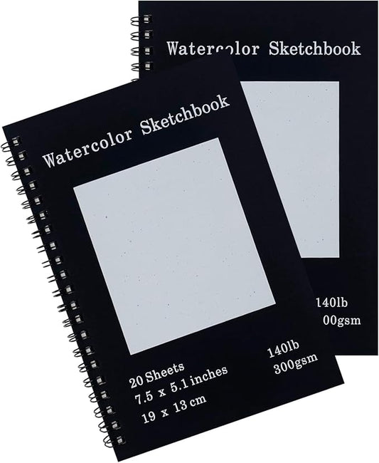 Set of 2, Each with 20 Sheets, 7.5 x 5.1 Inches, 140 lb Cold Press Watercolor Paper, 1150 GSM Black Hard Cover, Spiral Bound, White Pages for Drawing and Painting