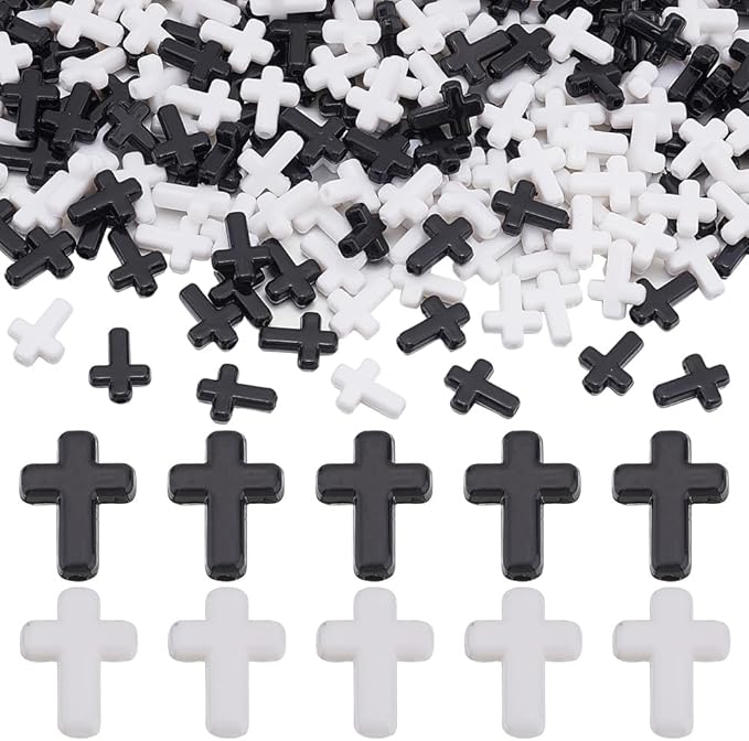 SUNNYCLUE 300Pcs Black Cross Beads White Acrylic Crosses Small Plastic Cross Beads Bulk Mini Tiny Charms Crucifix Loose Spacers for Jewelry Making Kit Adult Women Easter Decoration