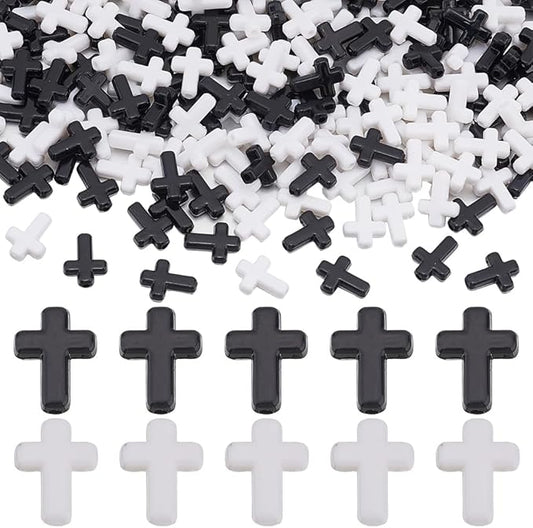 SUNNYCLUE 300Pcs Black Cross Beads White Acrylic Crosses Small Plastic Cross Beads Bulk Mini Tiny Charms Crucifix Loose Spacers for Jewelry Making Kit Adult Women Easter Decoration