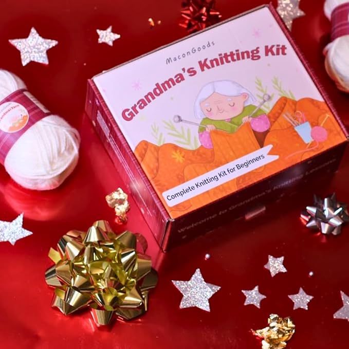 MaconGoods Grandma's Knitting Kit - Complete Knitting Kit for Beginners - Includes Beginner Yarn, Bamboo Needles, Video Tutorial, and Written Guide & More - Easy Learn to Knit Kit
