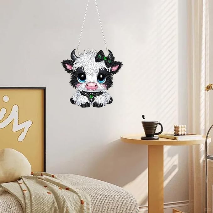 RYMILIE Diamond Art Hanging Kits for Adults,Cow Special Shaped Diamond Painting,Double Sided 5D DIY Acrylic Diamond Art Painting Window Pendants Home Garden Wall Hanging Kits Cow Ornament.