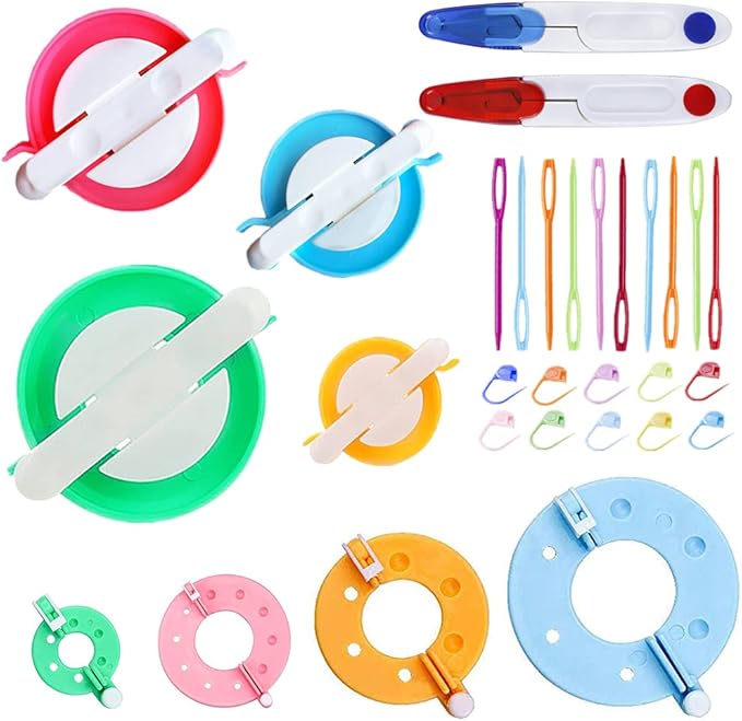 Pom Pom Maker,30pcs Pom Pom Makers kit Includes 8 PCS Pom Pom Maker+2pcs Scissors+10pcs Plastic Needles+10pcs kntting Stitch Markers for DIY Wool Yarn Knitting Craft Project for Everyone (30)