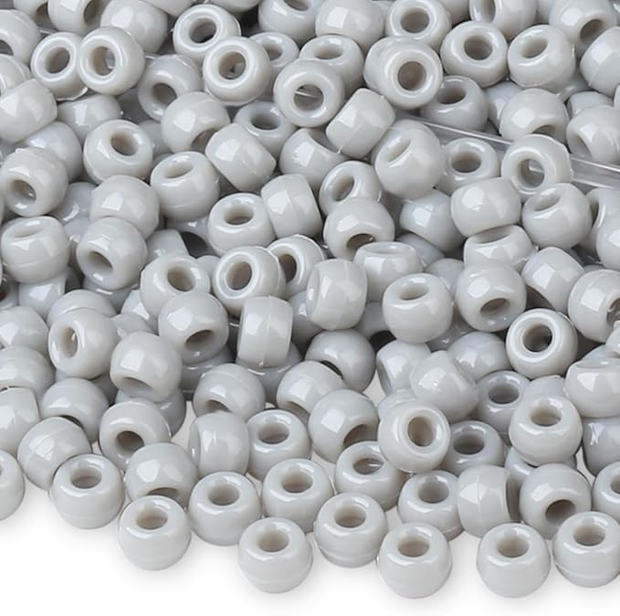 1000 Pc Boxed Grey Pony Beads, 9MM Plastic Craft Beads with Large Hole, Grey Hair Bead for Braids, Bracelet Bead for Jewelry Making