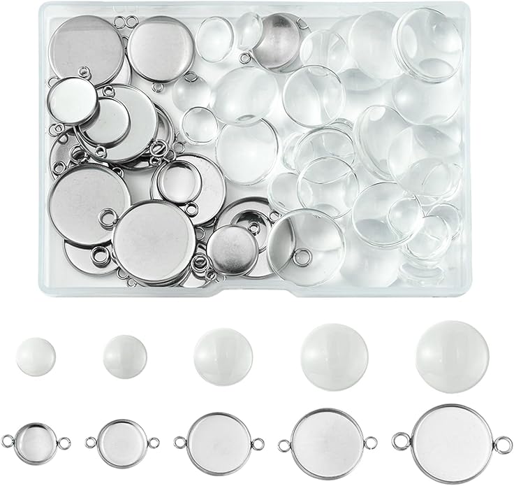 Stainless Steel Blank Dome Links Pendant Tray Connectors with Double Loops for Earrings Bracelets Necklaces Keychains DIY Craft Golden Glass Cabochon Jewelry Making Kit