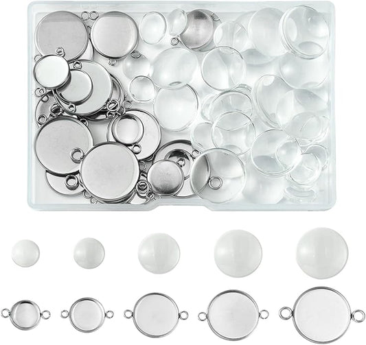 Stainless Steel Blank Dome Links Pendant Tray Connectors with Double Loops for Earrings Bracelets Necklaces Keychains DIY Craft Golden Glass Cabochon Jewelry Making Kit