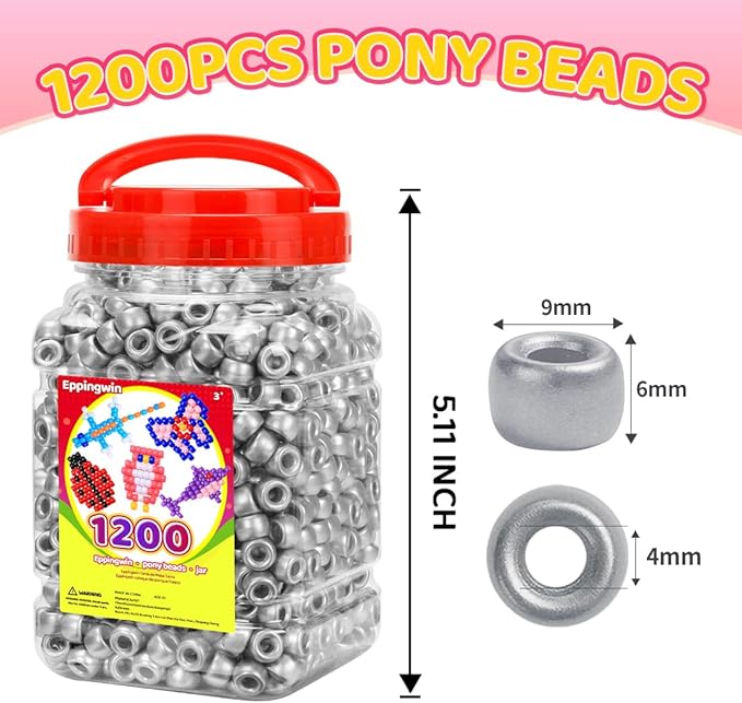 eppingwin 1200pcs pony beads for bracelets,6x9mm kandi beads for hair braids, easy storage pony bead for jewelry making (silver)